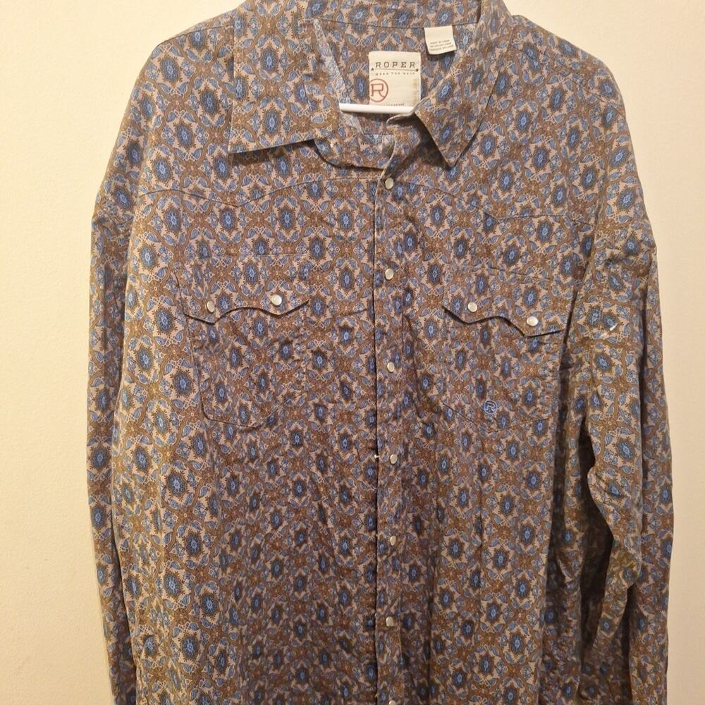 Roper Western Shirt Mens 3 XL Brown Blue Pearl Snap Cowboy Long Sleeve
